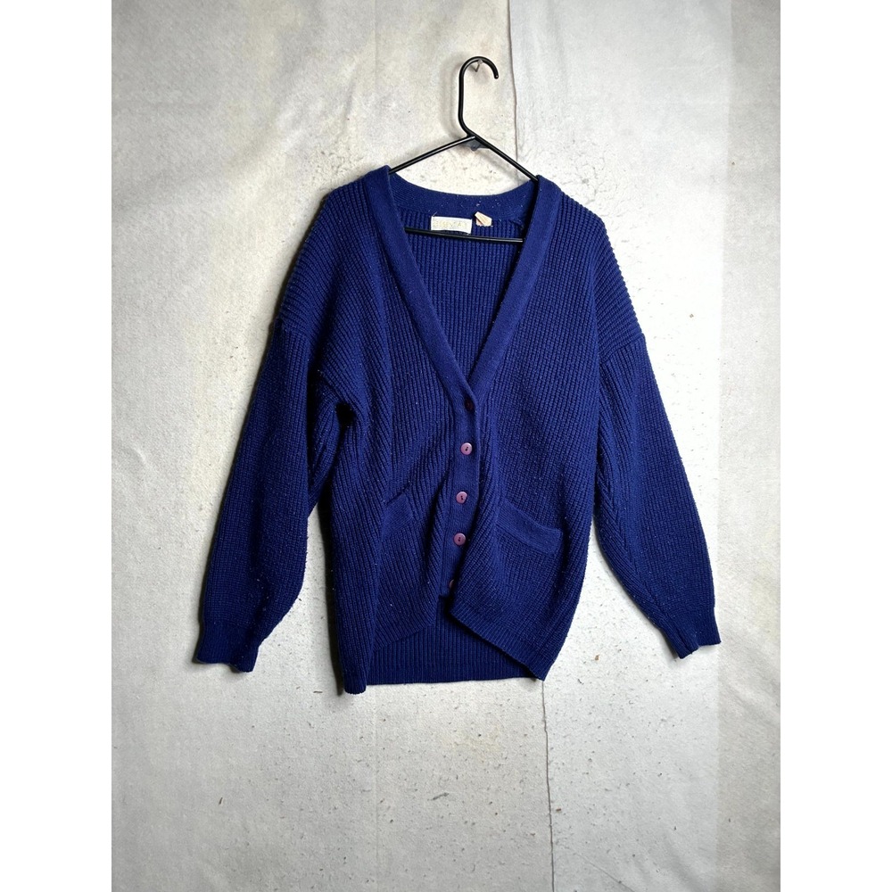 Essentials Cardigan Sweater Womens Small Blue Ribbed Knit V Neck Button Front